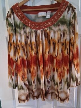 Alfred Dunner Rust, Olive & Cream Beaded Scoop Neck Blouse